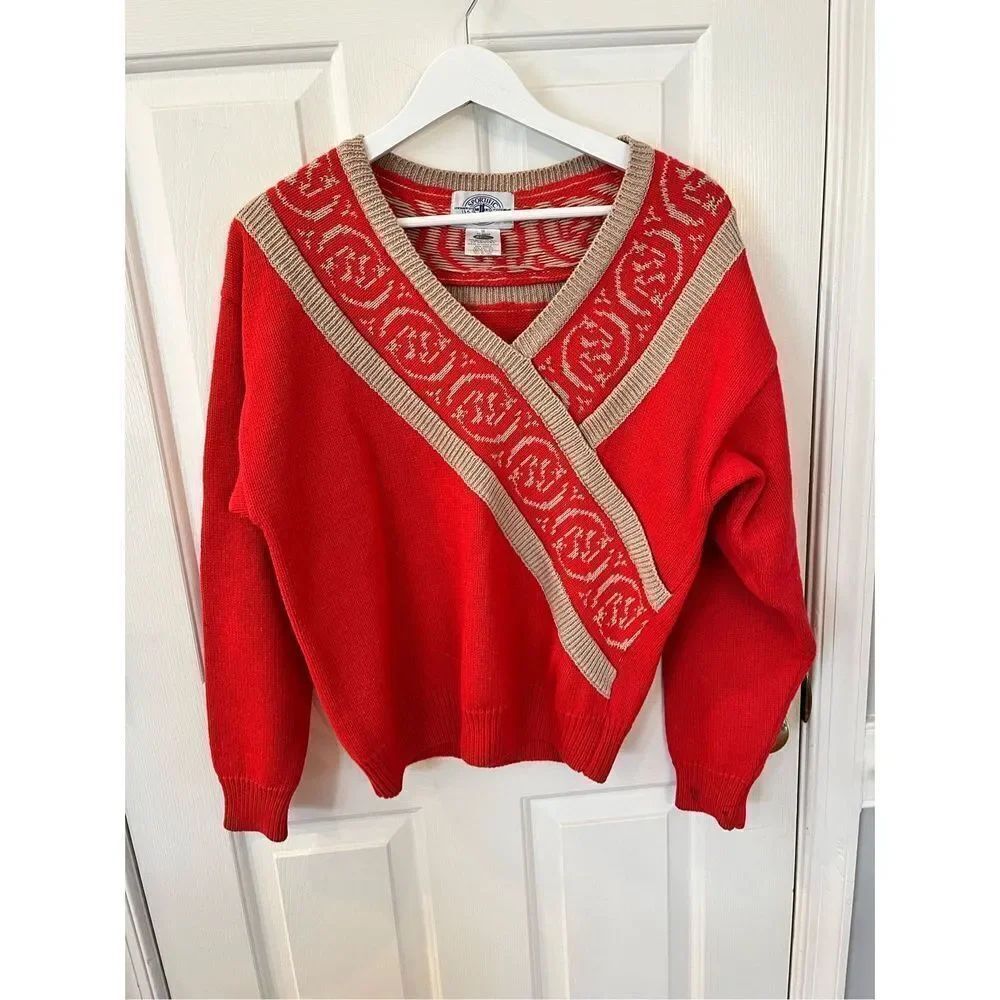 Vintage Sortahorsey Miller’s Sportswear Red & Tan Crossover V-Neck Sweater sz M